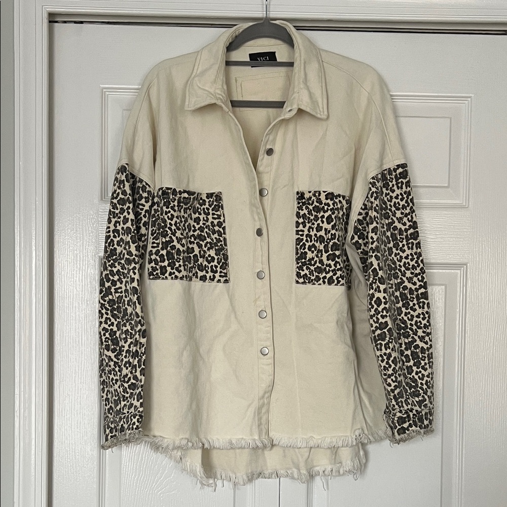 VICI Cream Leopard Print Denim Shirt Jacket Oversized Roar Or Less